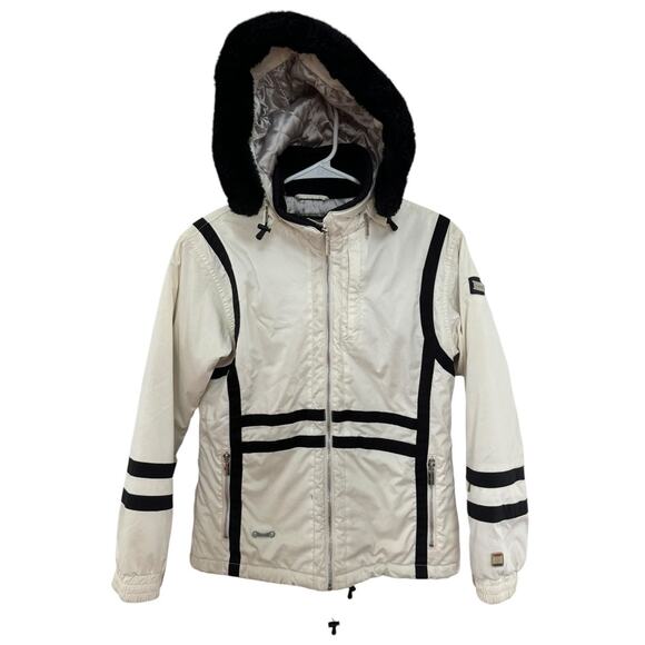 Spyder For Girls white & black ski snowboard coat removable fur hood aged 12-14 - Picture 1 of 15